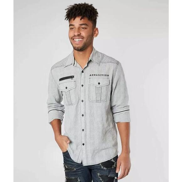 AFFLICTION Gray Long Sleeve Warfare Embroidered Biker Button Down Shirt Size XL - Picture 1 of 8